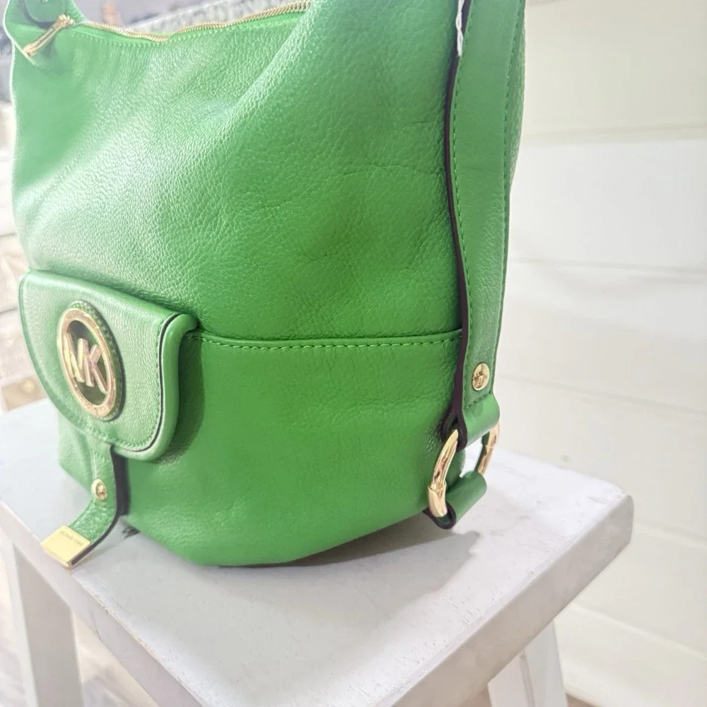 MK Michael Kors Fulton Large Green Soft Palm Leather Hobo Shoulder Bag Purse